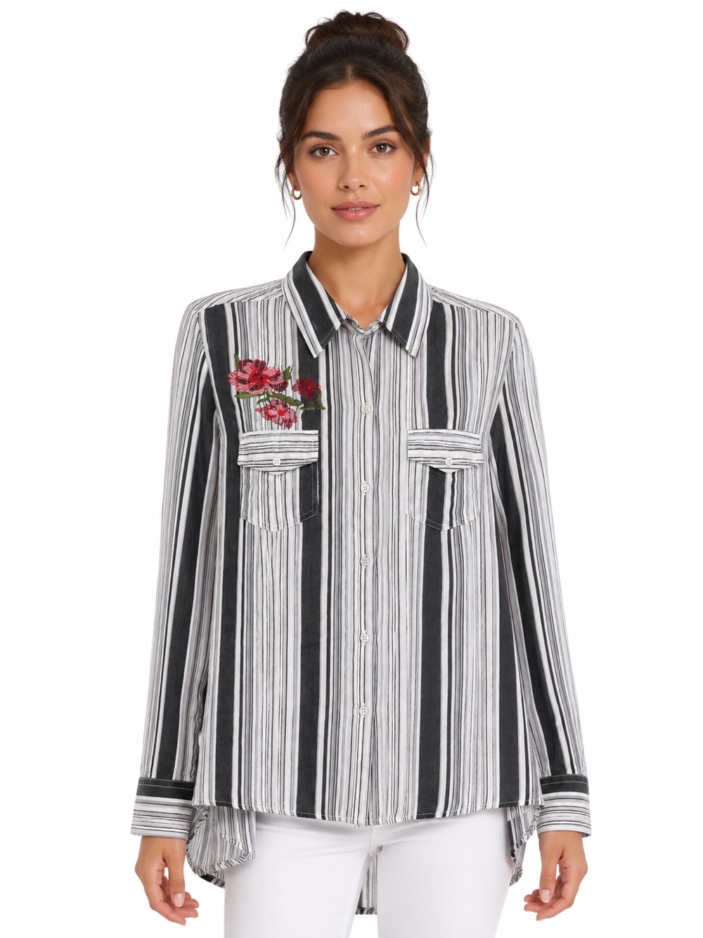 Nostalgia Button Down Blouse Top - Striped - Embroidered Roses - Hi Low - NWT